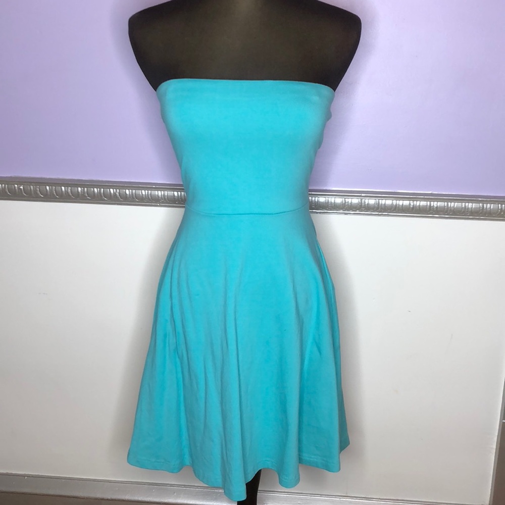 Aqua colored strapless dress